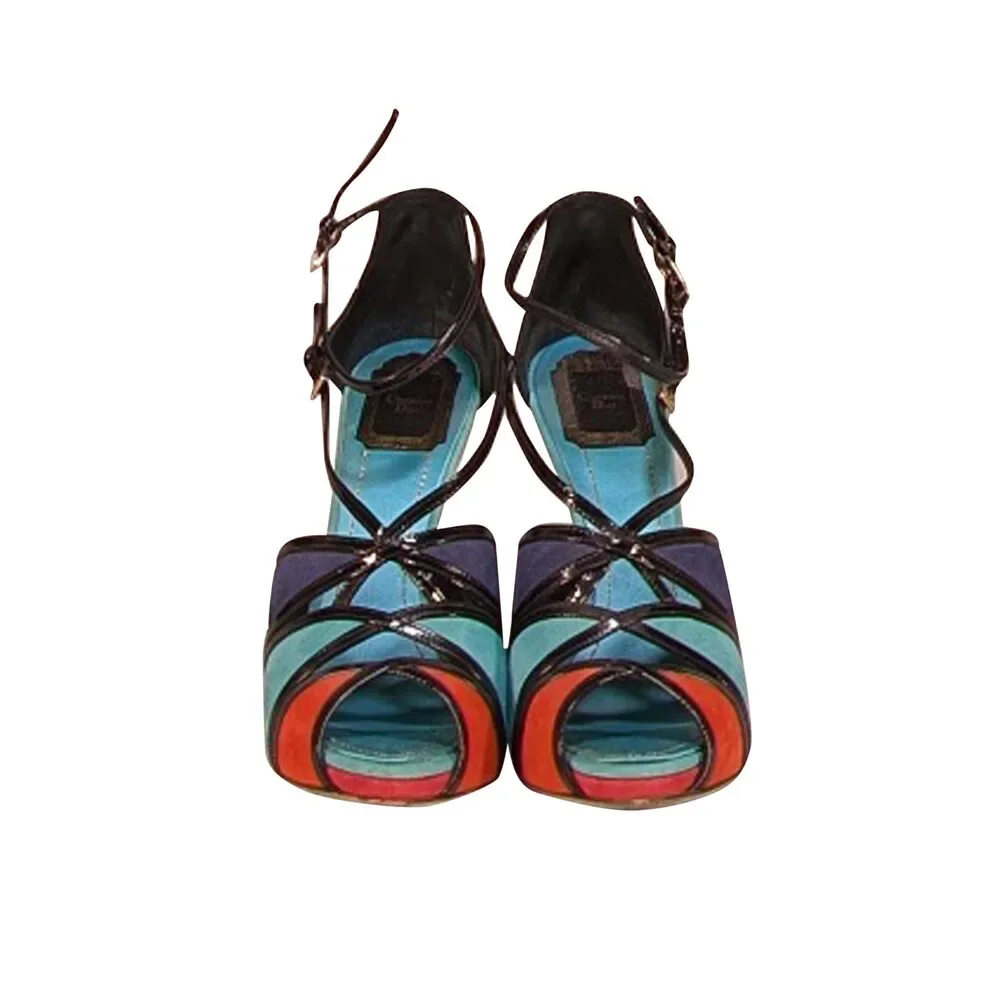 Christian Dior - Teal, Blue, Red, & Black Portofino Color Block Sandal Heel Sz 9 - Picture 2 of 5